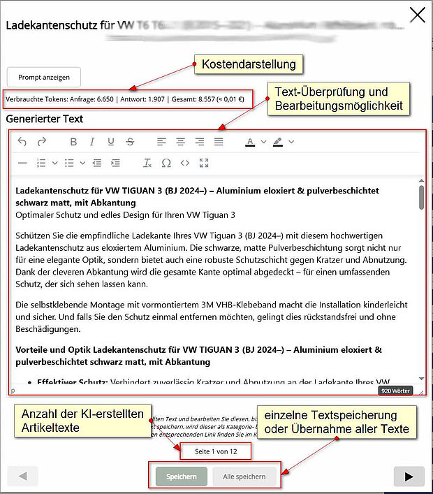 KI-Integration im Online-Shop-System - Bearbeitung von erzeugten Artikeltexten